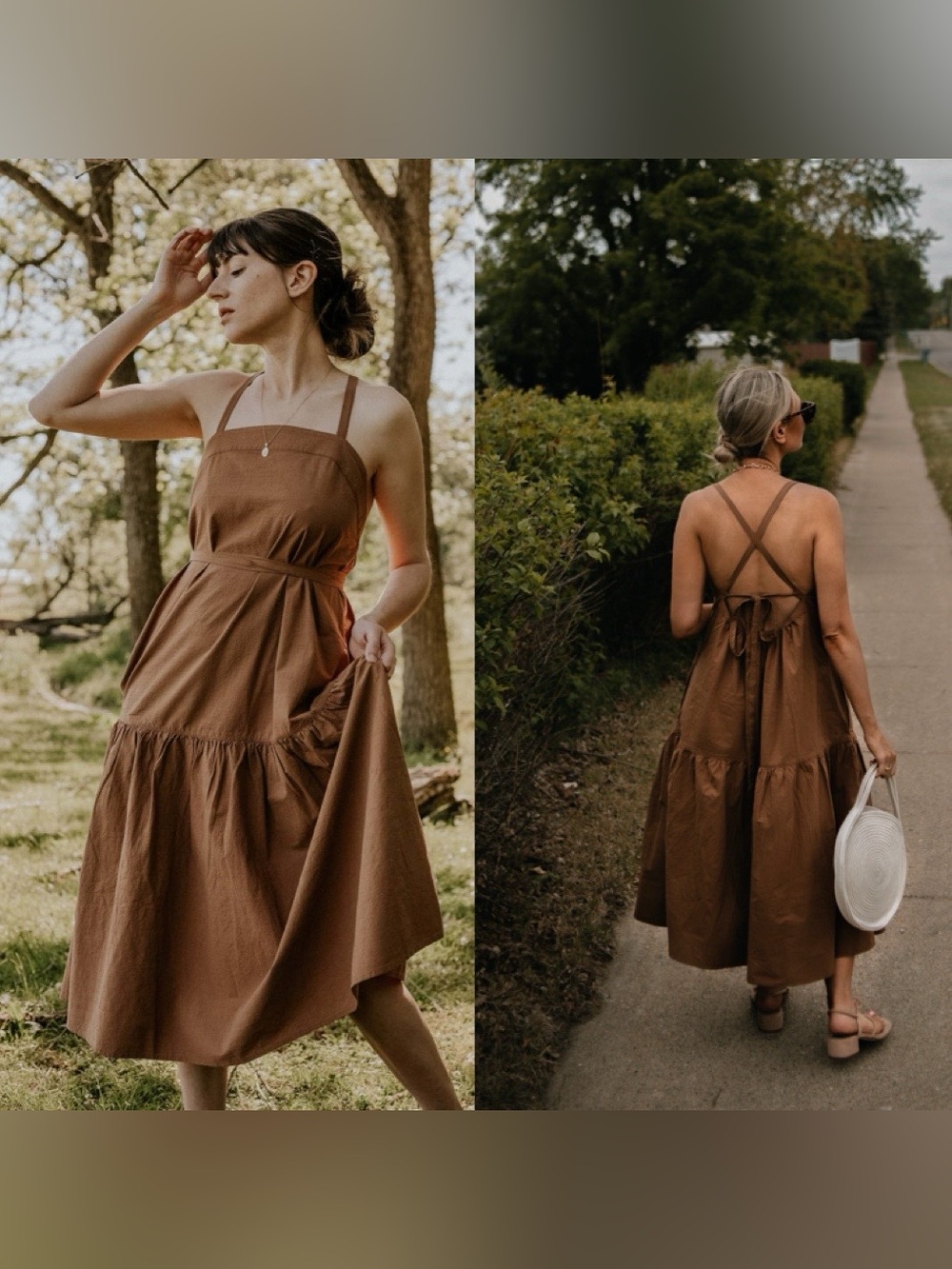 Everlane Dress Brown 12 Black Pinafore Tie Tiered Drop Waist Cottage Staple
